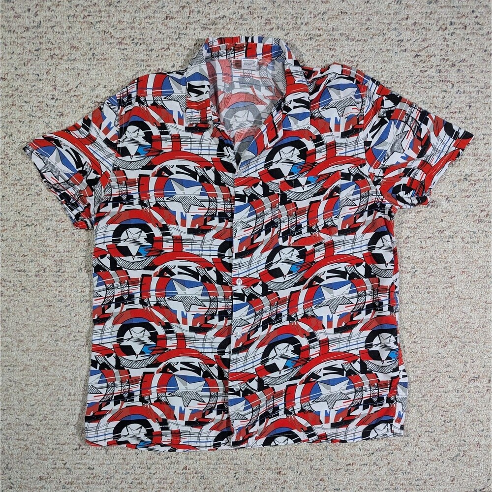 Marvel Captain America Button Up Shirt Mens XL Rayon Hawaiian Superhero Camp Aop